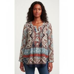 NWT Daniel Rainn Flowy Boho Floral Print Popover Long Roll Tab Sleeves Top XS